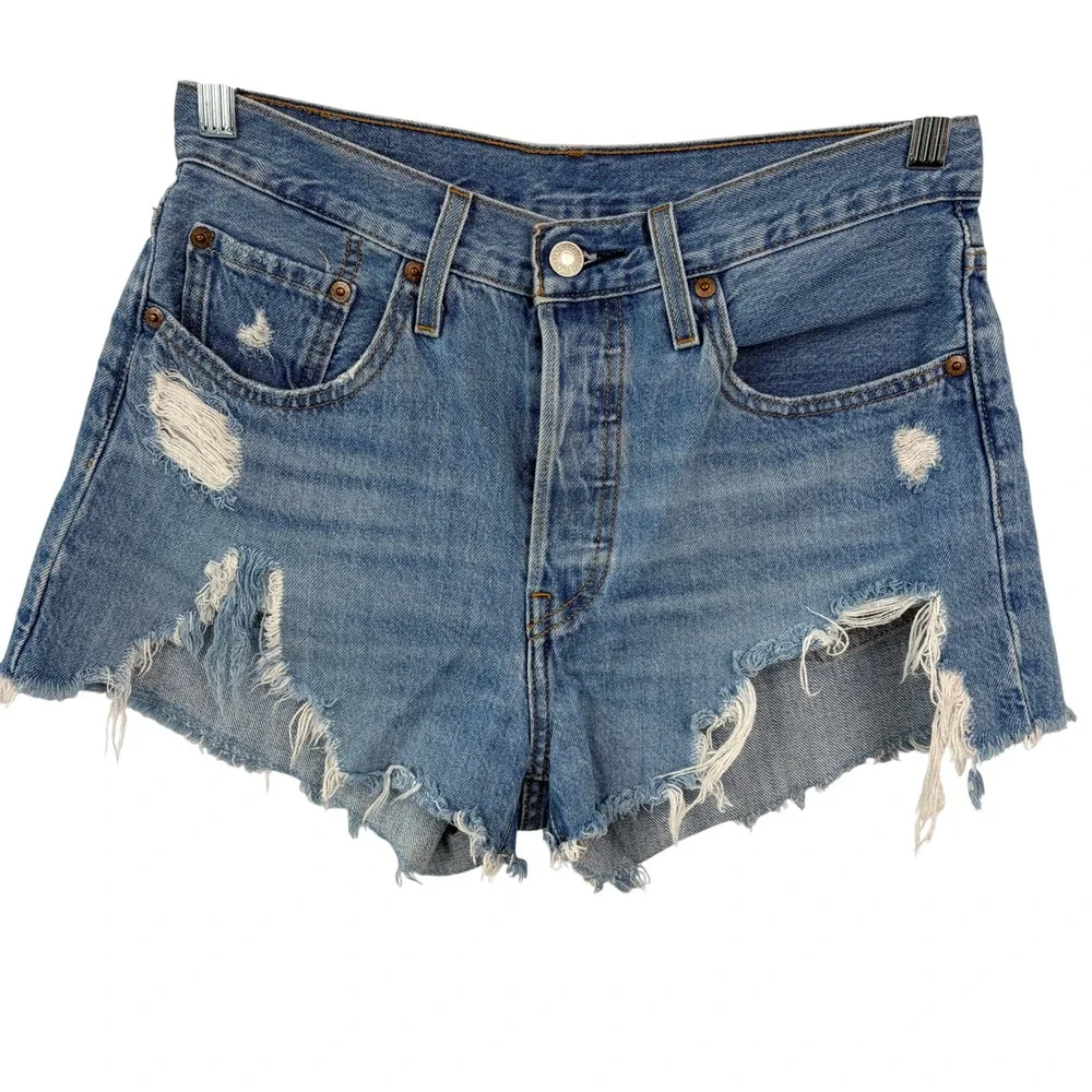 Levis 501 Original Cutoff Denim Shorts Size 28 Medium Wash Blue Excellent‎